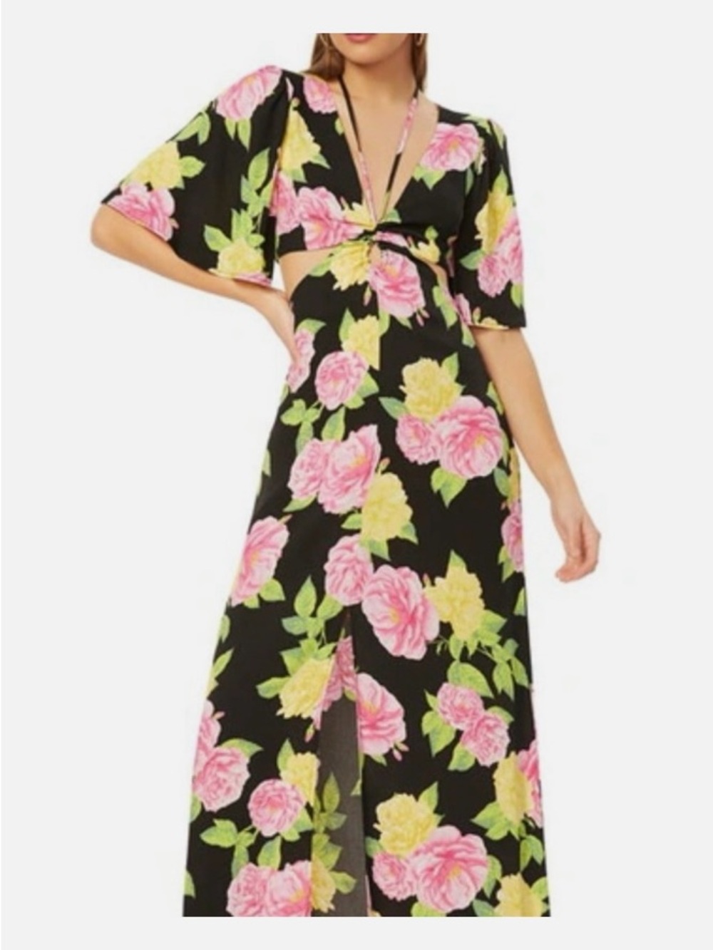 Floral Cutout Maxi Dress in Black with Pink & Yellow Roses NWT S